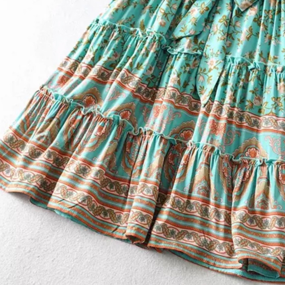 Boho Floral Gypsy Print Dress Mint Ruffle Frill - Picture 6 of 9